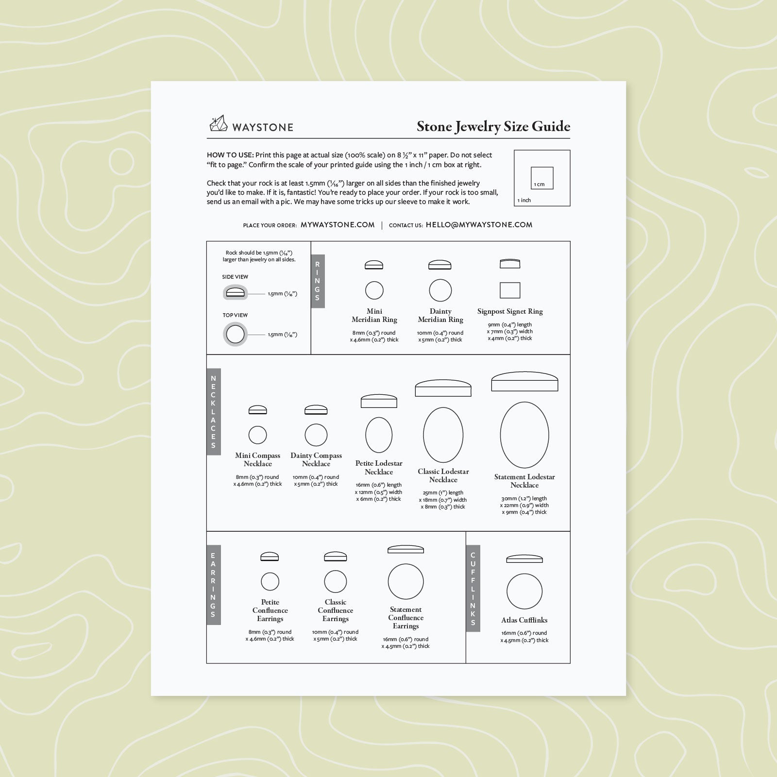 Graphic shows 8.5" x 11" printable black and white guide with drawings of jewelry sizes